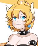  :3 alternate_hair_length alternate_hairstyle aqua_eyes armlet bangs bare_shoulders black_collar blonde_hair blue_earrings borrowed_design bowsette closed_mouth collar collarbone crown earrings eyebrows_visible_through_hair eyes_visible_through_hair fang fang_out highres horns jewelry looking_at_viewer mario_(series) new_super_mario_bros._u_deluxe palpe pointy_ears princess raised_eyebrow self_upload short_hair simple_background smug solo source_request spiked_armlet spiked_collar spikes super_crown upper_body v-shaped_eyebrows 