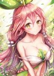  bare_shoulders blush breasts cleavage collarbone commentary_request eyebrows_visible_through_hair eyes_visible_through_hair granblue_fantasy hair_between_eyes hair_ornament highres large_breasts leaf long_hair looking_at_viewer low_twintails navel pink_hair plant_girl sakura_ani smile solo twintails yellow_eyes yggdrasil_(granblue_fantasy) 