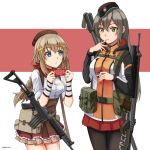  :o :t assault_rifle bangs belt belt_pouch beret black_legwear blue_eyes braid breasts chinese_commentary chocolate chocolate_bar commentary_request cowboy_shot eating eyebrows_visible_through_hair fn_fnc fn_fnc_(girls_frontline) food food_on_face frilled_skirt frills garrison_cap girls_frontline green_eyes grey_hair gun hair_between_eyes hair_ornament hat highres holding holding_food jacket light_brown_hair long_hair long_sleeves looking_at_another looking_at_viewer medium_breasts multiple_girls ndtwofives original over_shoulder pantyhose pleated_skirt pouch red_skirt rifle sig_550 sig_sauer single_braid skirt standing swiss_flag trekking_pole two-tone_background weapon weapon_over_shoulder 