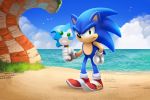  &gt;:( beach bird blue_sky cloud day food frown grass green_eyes hand_on_hip holding ice_cream looking_at_viewer male_focus signature sky solo sonic sonic_the_hedgehog standing water 
