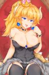  :p arm_support armlet bangs bare_shoulders between_breasts black_legwear black_leotard blonde_hair blue_eyes blush bowsette bracelet breasts chair cleavage collar collarbone colored_eyelashes cowboy_shot crown earrings eyebrows_visible_through_hair finger_to_mouth fingernails garter_straps gem grey_skirt hair_between_eyes hand_up head_tilt high_ponytail highres horns jewelry large_breasts leotard lin_yu long_fingernails long_hair looking_at_viewer mario_(series) new_super_mario_bros._u_deluxe no_nose on_chair sapphire_(stone) showgirl_skirt sitting skirt spiked_armlet spiked_bracelet spiked_collar spiked_tail spikes strapless strapless_leotard super_crown tail thighhighs tongue tongue_out v-shaped_eyebrows 
