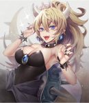  bad_id bad_twitter_id bare_shoulders black_dress blonde_hair blue_eyes bowsette bracelet breasts brooch collar commentary crown dress earrings hair_between_eyes horns jewelry large_breasts long_hair long_ponytail looking_at_viewer mario_(series) mini_crown nail_polish new_super_mario_bros._u_deluxe open_mouth pointy_ears sharp_teeth sleeveless sleeveless_dress slit_pupils smile solo sparkle spiked_armlet spiked_bracelet spiked_collar spiked_shell spiked_tail spikes strapless strapless_dress super_crown tail teeth tilted_headwear tongue tongue_out turtle_shell upper_body wavy_hair wide_ponytail yunohito 