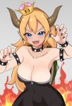  :d arm_up armlet bangs black_dress black_nails blue_eyes blush bowsette bracelet breasts cleavage collar collarbone crown dress earrings eyebrows_visible_through_hair fangs fingernails fire grey_background hand_up highres horns instant_(ioarthus) jewelry large_breasts long_hair mario_(series) mini_crown nail_polish new_super_mario_bros._u_deluxe open_mouth pointy_ears sharp_teeth smile solo spiked_armlet spiked_bracelet spiked_collar spiked_shell spikes strapless strapless_dress super_crown teeth tilted_headwear turtle_shell v-shaped_eyebrows very_long_hair 