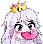  :d blush blush_stickers boo commentary crown earrings eyelashes fangs fream gyate_gyate jewelry looking_at_viewer luigi's_mansion mario_(series) meme new_super_mario_bros._u_deluxe open_mouth pink_eyes princess_king_boo smile solo super_crown tongue tongue_out transparent_background watermark white_hair 