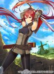  armor armpits arms_up belt_pouch blue_sky breasts closed_mouth commentary_request company_name copyright_name day dress fingerless_gloves fingernails fire_emblem fire_emblem:_kakusei fire_emblem_cipher gloves holding holding_sword holding_weapon kurosawa_tetsu leaf looking_at_viewer medium_breasts outdoors pantyhose pouch red_eyes red_hair selena_(fire_emblem) sheath shiny shiny_hair short_dress shoulder_armor sky sleeveless smile solo sword turtleneck twintails weapon windmill 