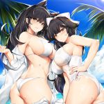 alternate_costume animal_ears ass atago_(azur_lane) azur_lane bangs bare_shoulders beach bikini black_hair blue_sky blush bow breasts brown_eyes cloud commentary cowboy_shot day extra_ears eyebrows_visible_through_hair frown hair_bow hair_flaps hair_ribbon hand_on_hip hand_up large_breasts long_hair long_sleeves looking_at_viewer looking_back mole mole_under_eye multiple_girls ocean off_shoulder one-piece_swimsuit outdoors palm_leaf palm_tree parted_lips ponytail ribbon sand shiny shiny_skin shirt sideboob sidelocks skindentation sky smile sun sunlight swept_bangs swimsuit takao_(azur_lane) thighs tony_guisado tree twisted_torso undressing very_long_hair water_drop wet white_bikini white_bow white_ribbon white_shirt white_swimsuit 