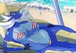  2018 anthro beach big_breasts blue_belly blue_body blush breasts camel_toe claws clothed clothing dialogue eyelashes facial_hair female horn japanese_text looking_at_viewer lying mammal mustelid navel nintendo on_side overweight overweight_female partially_clothed pok&eacute;mon pok&eacute;mon_(species) red_eyes samurott sand sea seaside smile solo sweat swimsuit text thick_thighs translation_request video_games water ツナ缶 