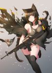  animal_ears assault_rifle bangs black_legwear braid brown_hair cat_ears cat_tail earmuffs eyepatch girls_frontline gloves gun holding holding_gun holding_weapon jacket long_hair looking_at_viewer m16a1 m16a1_(girls_frontline) mole mole_under_eye multicolored_hair orange_hair rifle shoes solo st.takuma streaked_hair tail thighhighs torn_clothes weapon 