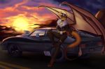  2018 4_toes 5_fingers anthro barefoot breasts brown_hair car clothed clothing day detailed_background digital_media_(artwork) dragon female green_eyes hair looking_at_viewer mad_max membranous_wings navel outside rd406 road scalie sky solo sun toes vehicle western_dragon wings 