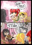  ): 2koma 3girls :d alcohol beer black_hair blonde_hair chibi comic controller doritos hand_up joystick long_hair multiple_girls open_mouth red_hair smile spanish tuteheavy 