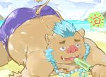  2018 anthro beach boar brown_fur clothing fur gouryou male mammal mohawk overweight overweight_male pikaqoo_(artist) porcine seaside solo swimsuit tokyo_afterschool_summoners water 