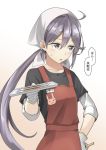  ahoge akebono_(kantai_collection) apron bandana bangs black_shirt black_skirt blue_skirt blush breasts chopsticks collarbone commentary_request cowboy_shot fan fish flower giving gloves gradient gradient_background hair_between_eyes hair_flower hair_ornament hairclip hand_on_hip highres holding holding_chopsticks holding_plate kantai_collection long_hair looking_away low_ponytail negahami open_mouth plate pleated_skirt purple_eyes purple_hair saury shirt side_ponytail sidelocks simple_background skirt sleeves_folded_up small_breasts solo sweatdrop translated undershirt very_long_hair white_gloves 
