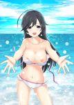  1girl ahoge bikini black_hair blue_eyes blush breasts cameltoe cloud cloudy_sky collarbone eyebrows eyebrows_visible_through_hair frilled_bikini frills girls_und_panzer groin highres isuzu_hana large_breasts long_hair looking_at_viewer navel nendoroya nipples ocean open_mouth shiny shiny_skin sky smile solo splashing swimsuit swimwear wardrobe_malfunction white_bikini 