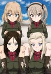  4girls alternate_costume bangs black_footwear black_hair black_legwear black_ribbon black_skirt blonde_hair blue_eyes blue_sky brown_eyes carrying clara_(girls_und_panzer) closed_mouth cloud cloudy_sky commentary_request day emblem eyebrows_visible_through_hair girls_und_panzer green_jacket hair_ribbon inoshira jacket katyusha light_brown_hair loafers long_hair long_sleeves looking_at_viewer miniskirt multiple_girls nonna outdoors pleated_skirt pravda_school_uniform red_shirt ribbon school_uniform shimada_arisu shirt shoes short_hair shoulder_carry side_ponytail skirt sky smile socks standing swept_bangs turtleneck 