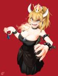  absurdres black_dress blonde_hair blue_eyes bowsette bracelet breasts breathing_fire cleavage collar covered_nipples crown dress earrings fingernails fire giantess hat highres horns jewelry karikari_ume large_breasts lizard_tail mario mario_(series) nail_polish navel new_super_mario_bros._u_deluxe overalls pointy_ears ponytail sharp_fingernails sharp_teeth spiked_armlet spiked_bracelet spiked_collar spiked_shell spiked_tail spikes super_crown sweat tail teeth 