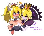  blue_eyes blush bowsette bracelet choker collar cropped_torso crown dress earrings elbow_gloves eyebrows_visible_through_hair finger_to_another's_chest gloves hand_on_another's_face heart horns jewelry long_hair looking_at_another mario_(series) multiple_girls new_super_mario_bros._u_deluxe paper_mario paper_mario:_the_thousand_year_door pointy_ears possessed princess_peach purple_skin red_eyes shadow_queen sharp_teeth short_hair simple_background spiked_bracelet spiked_collar spikes strapless strapless_dress super_crown tanpopo_hayabusa-maru teeth trait_connection translated white_background yellow_sclera yuri 