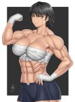  abs bandaged_hands bandages biceps bike_shorts black_hair breasts commentary_request covered_nipples erick_chong expressionless eyelashes flexing muscle muscular_female original pose short_hair shorts simple_background solo yellow_eyes 