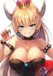  bare_shoulders blonde_hair blue_eyes bowsette bracelet breasts claw_pose cleavage collar collarbone crown earrings eyebrows_visible_through_hair fingernails grin hair_between_eyes hat highres horns jewelry large_breasts long_fingernails long_hair looking_at_viewer mario mario_(series) motokonut new_super_mario_bros._u_deluxe pointy_ears sharp_fingernails sharp_nails sharp_teeth simple_background smile solo spiked_armlet spiked_bracelet spiked_collar spikes super_crown teeth upper_body white_background 