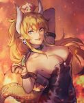  1girl arm_up bare_shoulders black_nails blonde_hair blue_eyes bowsette bracelet breasts cleavage collar covered_navel crown dress earrings fire highres horns jewelry large_breasts long_hair looking_at_viewer mario_(series) nail_polish new_super_mario_bros._u_deluxe nintendo pointy_ears ponytail sharp_teeth shell sidelocks solo spiked_bracelet spiked_collar spikes standing stariwei super_crown tail teeth twitter_username upper_body 