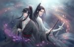  2boys absurdres back-to-back black_hair blurry blurry_background brown_eyes chinese_clothes chinese_text dreamingpool grey_eyes hairband highres holding holding_instrument holding_sword holding_weapon instrument long_hair looking_at_viewer male_focus mo_dao_zu_shi multiple_boys petals ponytail red_ribbon ribbon sidelocks standing sword very_long_hair wangji_lan weapon white_hairband wide_sleeves wuxian_wei yaoi 