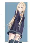  abigail_williams_(fate/grand_order) absurdres alternate_costume bag bangs black_skirt blazer blonde_hair blue_background blue_eyes blue_jacket bow bowtie closed_mouth collared_shirt commentary contemporary eyebrows_visible_through_hair eyes_visible_through_hair fate/grand_order fate_(series) forehead grey_sweater highres holding holding_bag jacket k-ya. long_hair long_sleeves miniskirt open_blazer open_clothes open_jacket orange_neckwear parted_bangs pleated_skirt school_bag school_uniform shirt skirt sleeves_past_wrists solo sweater two-tone_background v_arms very_long_hair white_background white_shirt 