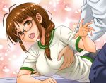  1girl akizuki_ritsuko antenna_hair black-framed_eyewear blush braid breast_grab breasts brown_eyes brown_hair commentary_request glasses grabbing grabbing_from_behind gym_uniform hair_over_shoulder hida_tatsuo idolmaster idolmaster_(classic) large_breasts looking_at_viewer medium_hair single_braid solo_focus 