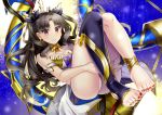 anklet armlet asymmetrical_legwear bandeau bangs bare_shoulders barefoot blue_legwear breasts bridal_gauntlets brown_hair cleavage closed_mouth collarbone commentary curly_hair earrings eyebrows_visible_through_hair fantasy fate/grand_order fate_(series) feet floating forehead full_body gold_trim highres hoop_earrings ishtar_(fate/grand_order) jewelry knees_up large_breasts legs light_smile long_hair long_legs looking_at_viewer medium_breasts nail_polish neck_ribbon parted_bangs red_eyes red_nails ribbon single_bridal_gauntlet single_thighhigh solo stirrup_legwear thighhighs tiara toeless_legwear toenail_polish toenails toes uzura_(moimoi) 