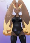  2018 anthro biped blush breasts brown_belly brown_body brown_fur clothed clothing dialogue eyelashes female fur japanese_text looking_at_viewer lopunny mammal navel nintendo one_eye_closed pok&eacute;mon pok&eacute;mon_(species) simple_background smile standing sweat text translation_request video_games wink ツナ缶 