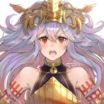  :d blush bodysuit breastplate breasts crown granblue_fantasy hair_ornament jewelry medusa_(shingeki_no_bahamut) messy_hair necklace open_mouth purple_hair red_eyes sa-mu shingeki_no_bahamut simple_background small_breasts smile 