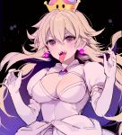  bangs blonde_hair breasts brooch chinako_(pixiv) cleavage crown dress earrings elbow_gloves eyebrows_visible_through_hair gloves grey_eyes hair_between_eyes jewelry long_hair long_tongue looking_at_viewer luigi's_mansion mario_(series) medium_breasts new_super_mario_bros._u_deluxe princess_king_boo puffy_short_sleeves puffy_sleeves sharp_teeth short_sleeves solo super_crown super_mario_bros. teeth tongue tongue_out v-shaped_eyebrows very_long_hair white_dress white_gloves 