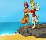  anthro avali beach black_eyes blue_eyes clothed clothing duo feline female firepawdacat fur hair lodi lodish male mammal orange_fur purple_hair rock sand seaside summer tan_fur water 