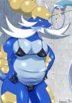  2018 anthro belly big_belly big_breasts blue_belly blue_body blush breasts camel_toe claws clenched_teeth clothed clothing dialogue eyelashes facial_hair female horn inside japanese_text looking_down mammal mustelid navel nintendo open_mouth overweight overweight_female partially_clothed pok&eacute;mon pok&eacute;mon_(species) samurott shower solo swimsuit teeth text thick_thighs translation_request video_games ツナ缶 
