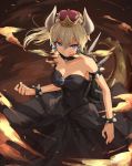  bare_shoulders black_dress blonde_hair blue_pupils borrowed_character bowsette bracelet breasts breathing_fire brooch cleavage collar crown dated dress earrings embers eyebrows_visible_through_hair eyelashes eyeshadow fire grin hair_between_eyes horns jakoujika jewelry large_breasts light_blue_eyes light_trail makeup mario_(series) nail_polish new_super_mario_bros._u_deluxe ponytail sharp_nails sidelocks signature sketch smile solo sparkle spiked_bracelet spiked_collar spiked_shell spiked_tail spikes strapless strapless_dress super_crown tail tsurime wind 