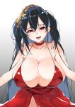  absurdres azur_lane bare_shoulders black_hair breasts choker cleavage cocktail_dress commentary_request dress gradient gradient_background grey_background heart heart-shaped_pupils highres huge_breasts kobo_(cobo_0609) long_hair looking_at_viewer red_choker red_dress red_eyes smile solo symbol-shaped_pupils taihou_(azur_lane) very_long_hair 