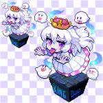 bangs blush boo breasts cleavage crown dress fangs ghost gloves hair_between_eyes hitodama long_hair looking_at_viewer lowres luigi's_mansion mario_(series) new_super_mario_bros._u_deluxe nose_blush outstretched_arms pale_skin patterned_background pixel_art pointy_ears princess_king_boo purple_earrings purple_eyes reflective_eyes shirosu sidelocks solo super_crown tongue tongue_out very_long_hair white_dress white_gloves white_hair 