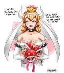  blonde_hair blue_eyes blush bouquet bowsette breasts bridal_veil cleavage collar crown dress earrings english flower highres horns jewelry large_breasts mario_(series) md5_mismatch new_super_mario_bros._u_deluxe nintendo piranha_plant pleinoire spiked_armlet spiked_collar spikes super_crown tsundere veil wedding_dress 