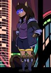  breasts brown_hair city cityscape clothed clothing cyberpunk dark_skin ear_piercing eyewear feline_humanoid female frown fully_clothed fur goggles hair hoodie hybrid long_hair looking_at_viewer merris neon night piercing shorts solo spots spotted_fur thick_thighs volkenfox 