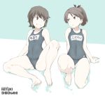  barefoot black_hair blue_swimsuit brown_eyes brown_hair cameltoe character_name eye_contact full_body grin hair_ribbon kantai_collection looking_at_another miyuki_(kantai_collection) multiple_girls name_tag one-piece_swimsuit ponytail ribbon school_swimsuit shikinami_(kantai_collection) short_hair short_ponytail sitting smile souji swimsuit wavy_hair 