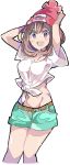  arms_up beanie belt black_hair commentary_request enpe green_shorts hat highres midriff mizuki_(pokemon) navel open_mouth pokemon pokemon_(game) pokemon_sm purple_eyes red_hat shirt short_hair short_sleeves shorts simple_background solo tied_shirt white_background 