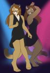  4_toes 5_fingers barefoot breasts cleavage clothed clothing cougar dancing digitigrade dress dusty_(baldrek) eyebrows eyelashes eyes_closed facial_markings feline female fully_clothed humanoid_hands jailbird mammal markings multiple_scenes simple_background smile toes 