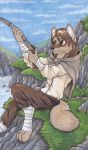  4_toes 5_fingers anthro biped canine cape claws cliff clothed clothing digitigrade eyebrows eyelashes female fishing fishing_rod fully_clothed hair humanoid_hands katja_(baldrek) long_hair mammal outside public river spectronic toe_claws toes traditional_media_(artwork) wolf 
