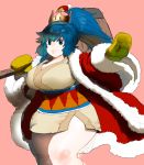  adapted_costume bangs blue_eyes blue_hair breasts brown_dress brown_gloves cleavage coat crown dress eyebrows_visible_through_hair eyeshadow fur_trim gloves hair_between_eyes hammer hat hips huge_breasts king_dedede kirby kirby_(series) knee_up leather leather_gloves legs long_ponytail long_sleeves makeup mario_(series) new_super_mario_bros._u_deluxe open_hand outstretched_arm over_shoulder oversized_object parted_lips pink_background pink_lips plump red_coat santa_hat sash scowl shiny shiny_hair shiny_skin short_hair side_slit sidelocks simple_background solo stomach strapless strapless_dress super_crown tetuhei thick_lips thick_thighs thighs tsurime wide_hips wide_sleeves 
