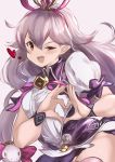  ;d breasts dress fang granblue_fantasy hair_between_eyes hair_ornament heart heart_hands highres jewelry looking_at_viewer maou_(maoudaisukiya) medusa_(shingeki_no_bahamut) monster_girl necklace one_eye_closed open_mouth pointy_ears purple_hair shingeki_no_bahamut small_breasts smile snake snake_hair 