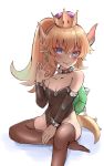  2018 5_fingers animal_humanoid bare_shoulders blonde_hair blue_eyes blush bowser bowsette_meme bracelet breasts clothed clothing collar crossgender ear_piercing eyebrows_visible_through_hair female hair horn humanoid jewelry koopa legwear looking_at_viewer mario_bros nintendo ok_sign open_mouth piercing pointy_ears ponytail scalie shell simple_background sitting small_breasts solo spiked_armlet spiked_bracelet spiked_collar spikes super_crown thigh_highs tk9833572 video_games white_background young 