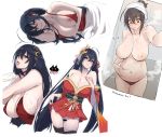  ahoge angelo_(gomahangetsu) arm_behind_head azur_lane bangs bar_censor bare_shoulders bed_sheet belly_grab black_hair blush breasts breasts_outside censored choker cleavage cocktail_dress collarbone commentary_request dress eyebrows_visible_through_hair hair_between_eyes hair_ornament highres japanese_clothes kimono large_breasts long_hair looking_at_viewer lying multiple_views nipples nude off_shoulder on_side open_mouth pussy pussy_juice red_choker red_dress red_eyes red_kimono sideboob sweatdrop taihou_(azur_lane) tongue tongue_out towel towel_on_head under_covers very_long_hair weight_conscious 