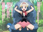  1girl armpits arms_up barefoot beanie black_shirt blue_eyes blue_hair blush breasts bush creatures_(company) female forest full_body game_freak gen_4_pokemon grass hair_ornament hairclip hat hikari_(pokemon) japanese_text long_hair looking_to_the_side matching_hair/eyes miniskirt nature nintendo open_mouth outdoors pink_scarf pink_skirt piplup poke_ball_symbol poke_ball_theme pokemon pokemon_(creature) pokemon_(game) pokemon_dppt restrained scarf shin_(kusugurijin) shiny shiny_hair shirt skirt sleeveless sleeveless_shirt small_breasts smile spread_legs sweat talking tangrowth tentacle text_focus tied_hair translation_request tree white_hat 