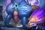  2018 5_fingers animal_genitalia anthro anus aurelion_sol_(lol) blue_skin butt cum cum_from_ass cum_on_ground cumshot dragon drooling eastern_dragon ejaculation erection eyes_closed gaping gaping_anus genital_slit hand_on_butt knot league_of_legends male motion_blur nude orgasm outside penis presenting presenting_anus presenting_hindquarters raised_tail rear_view riot_games rojika saliva slit solo sweat tongue tongue_out vein veiny_penis video_games 
