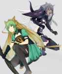  agrius_metamorphosis ahoge animal_ears atalanta_(alter)_(fate) atalanta_(fate) blonde_hair boots collar dual_persona fate/grand_order fate_(series) green_eyes grey_hair highres long_hair mosta_(lo1777789) multicolored_hair multiple_girls one_knee pink_hair tail thigh_boots thighhighs two-tone_hair very_long_hair 