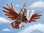  ambiguous_gender avian axe bird brown_feathers claws cloud cryptid-creations feathered_wings feathers feral hawk humor melee_weapon outside pun rope sky solo tomahawk weapon wings yellow_eyes 
