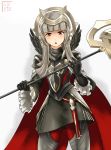  armor black_armor black_gloves cape commentary crown fire_emblem fire_emblem_heroes geazs gloves grey_hair hair_ornament highres holding holding_staff long_hair long_sleeves open_mouth red_eyes shoulder_armor simple_background solo staff veronica_(fire_emblem) white_background 